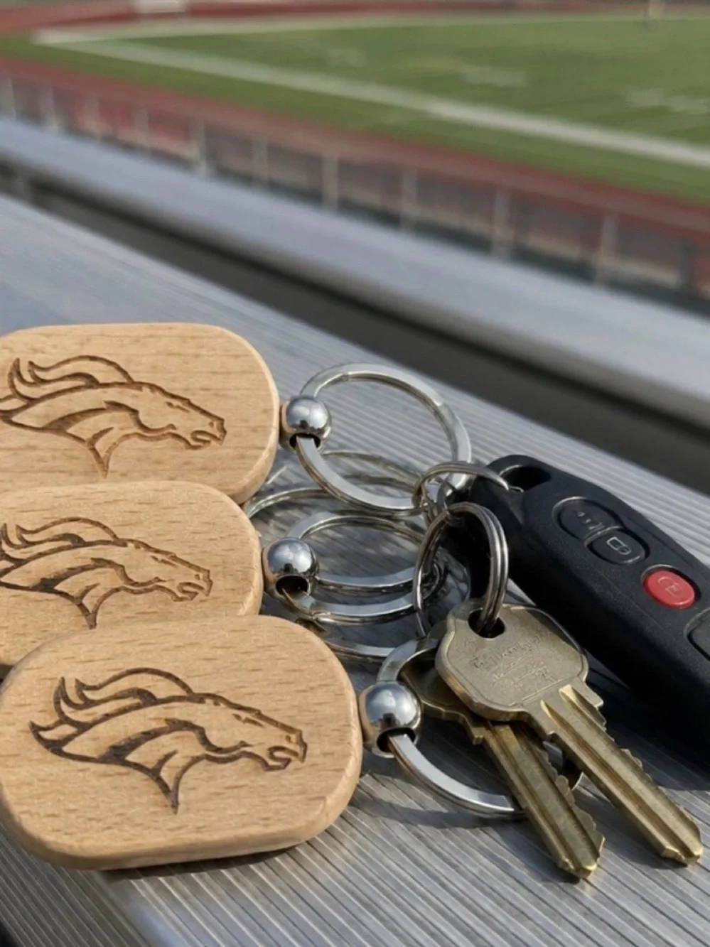Set of 3 Wooden Keychains with Engraved Broncos Logo - Natural Brown